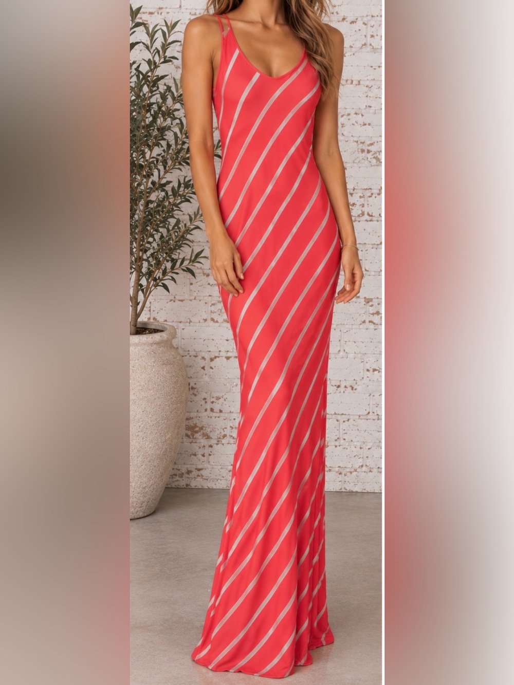 Aqua Pink and Beige/Grey Diagonal-Strip Maxi Slip Dress